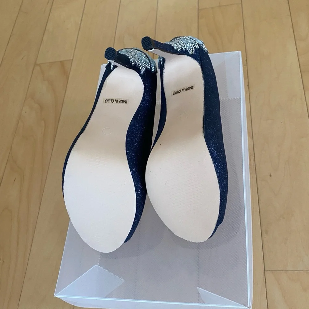 Women's Navy Glitter Peep-Toe Heels with Crystal Accent